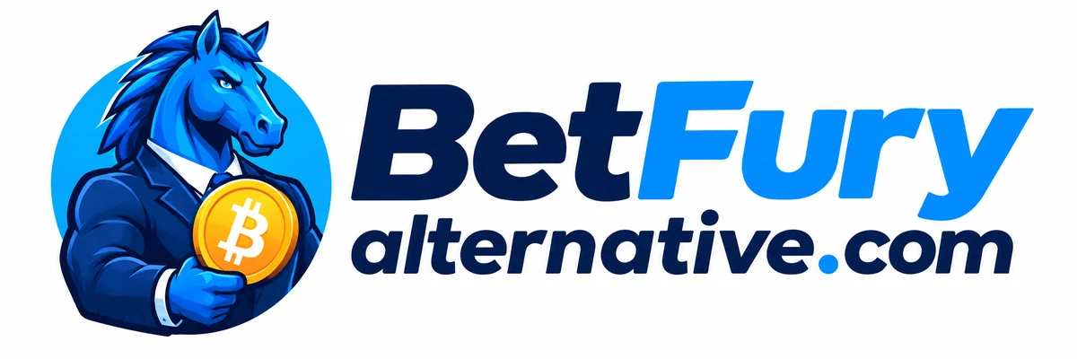 Drawing: a blue horse in a dark suit and tie holding a gold bitcoin coin, beside the wordmark betfuryalternative.com