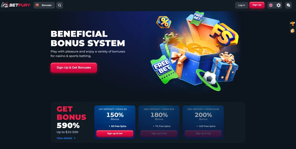 La página de bonos de BetFury: 590 % hasta 10.500 $ en el titular y tres niveles de depósito de 150 %, 180 % y 200 % desde 5 $, 20 $ y 100 $