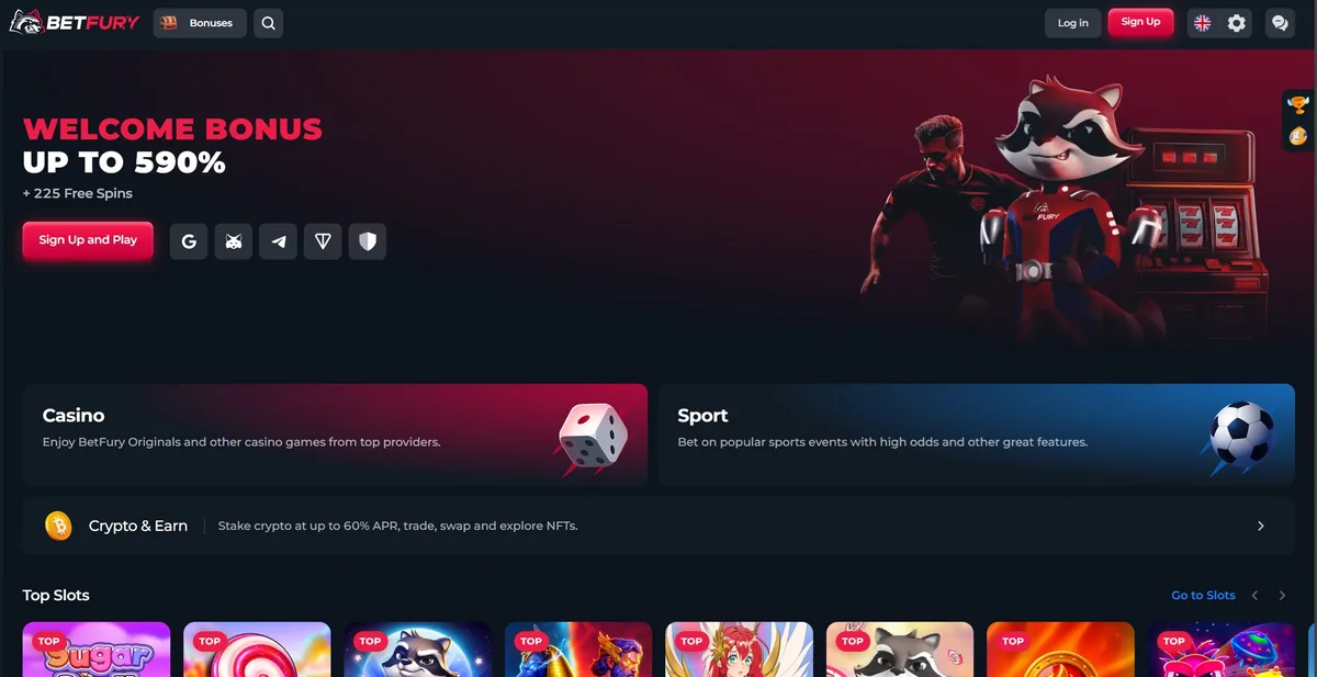 The BetFury home page: welcome bonus up to 590% plus 225 free spins, quick sign-up icons, Casino and Sport tiles and a Crypto and Earn strip