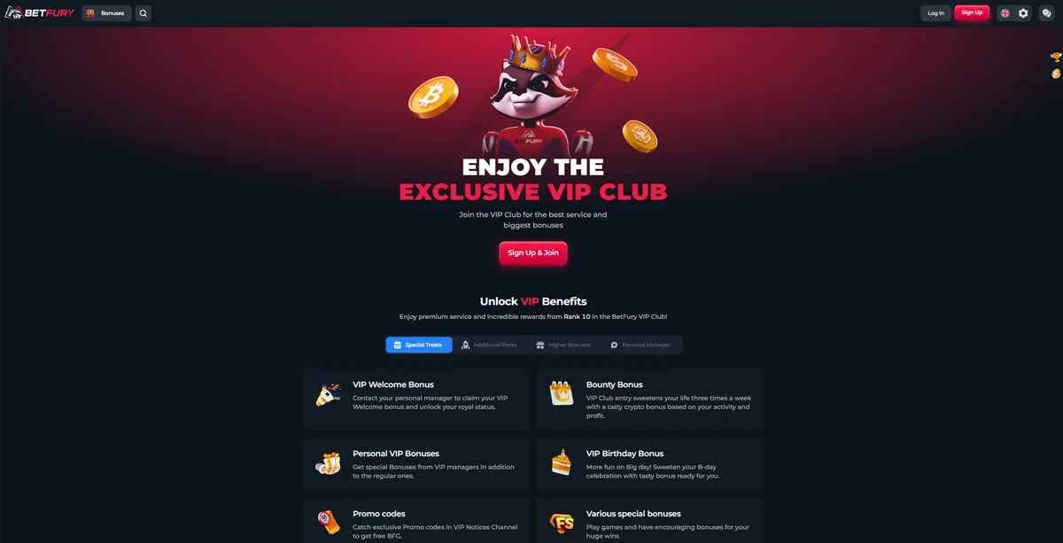 The BetFury VIP club page: benefits from Rank 10, a VIP welcome bonus through a personal manager, a bounty bonus three times a week and a birthday bonus