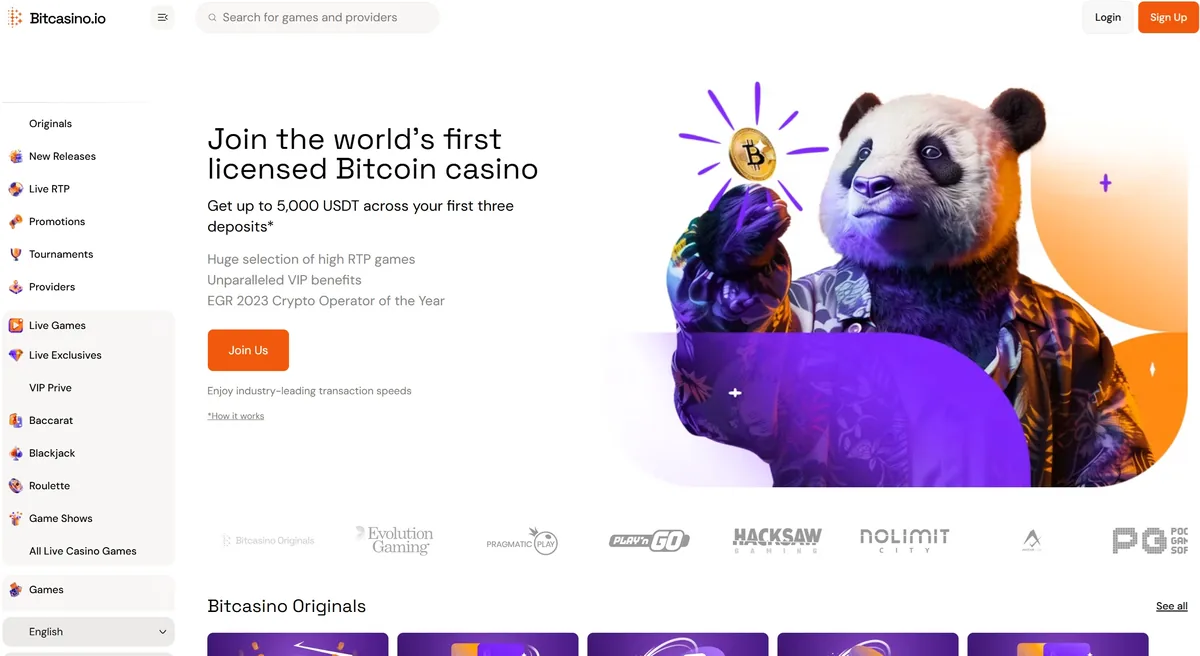La portada de Bitcasino.io, que ofrece hasta 5000 USDT en los tres primeros depósitos