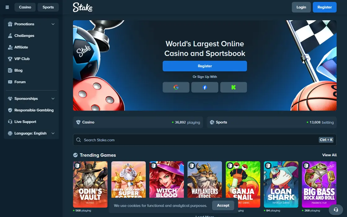 La portada de Stake con el titular «World's Largest Online Casino and Sportsbook» y contadores en vivo de jugadores de casino y apostadores deportivos