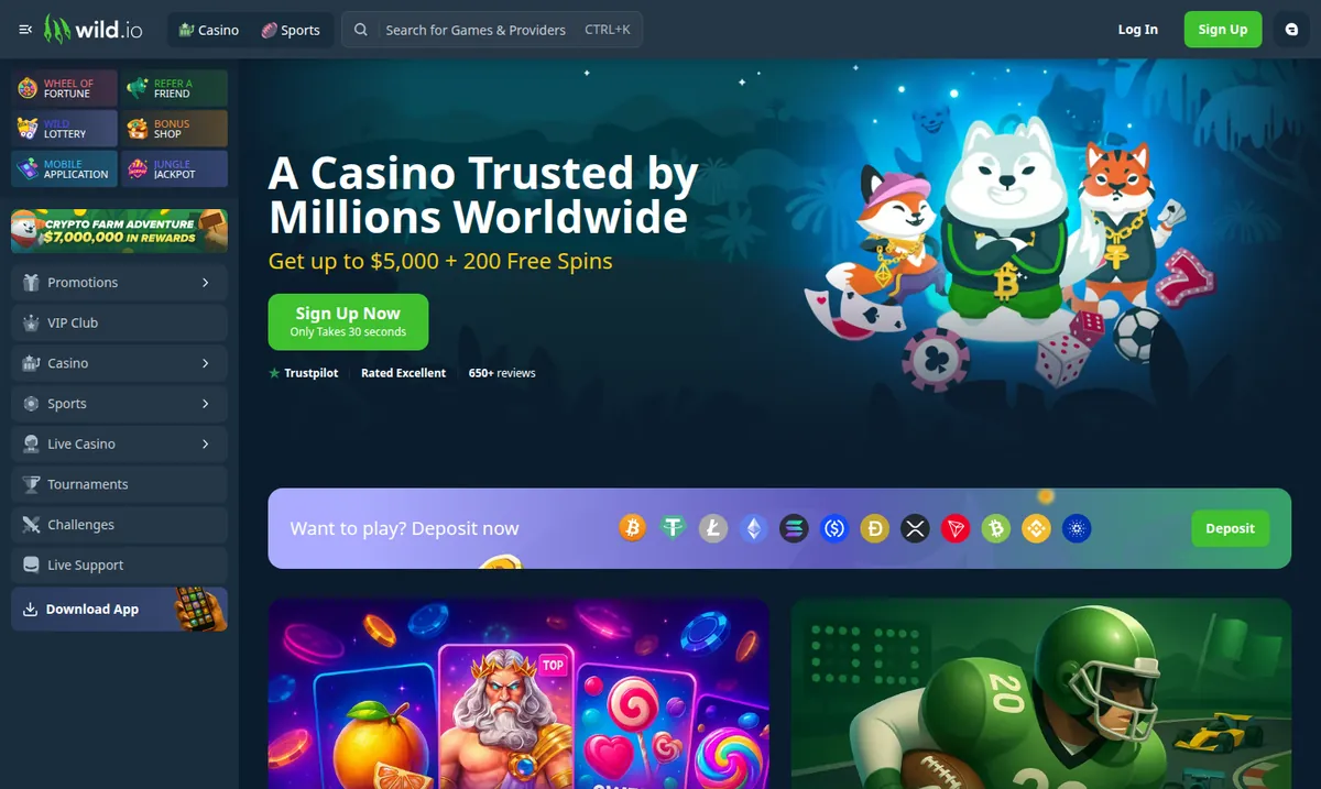 La portada de Wild.io, encabezada por su banner de oferta de bienvenida